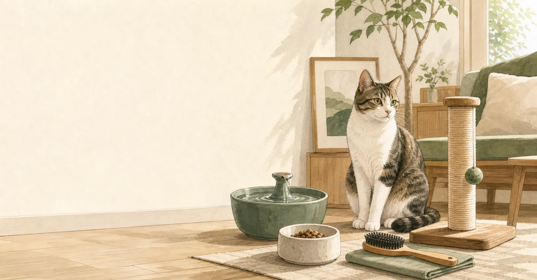 A cat in a bright room with everyday cat supplies
